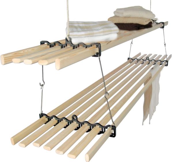 The Stacker Gismo Ceiling Clothes Airer is cast iron and wood